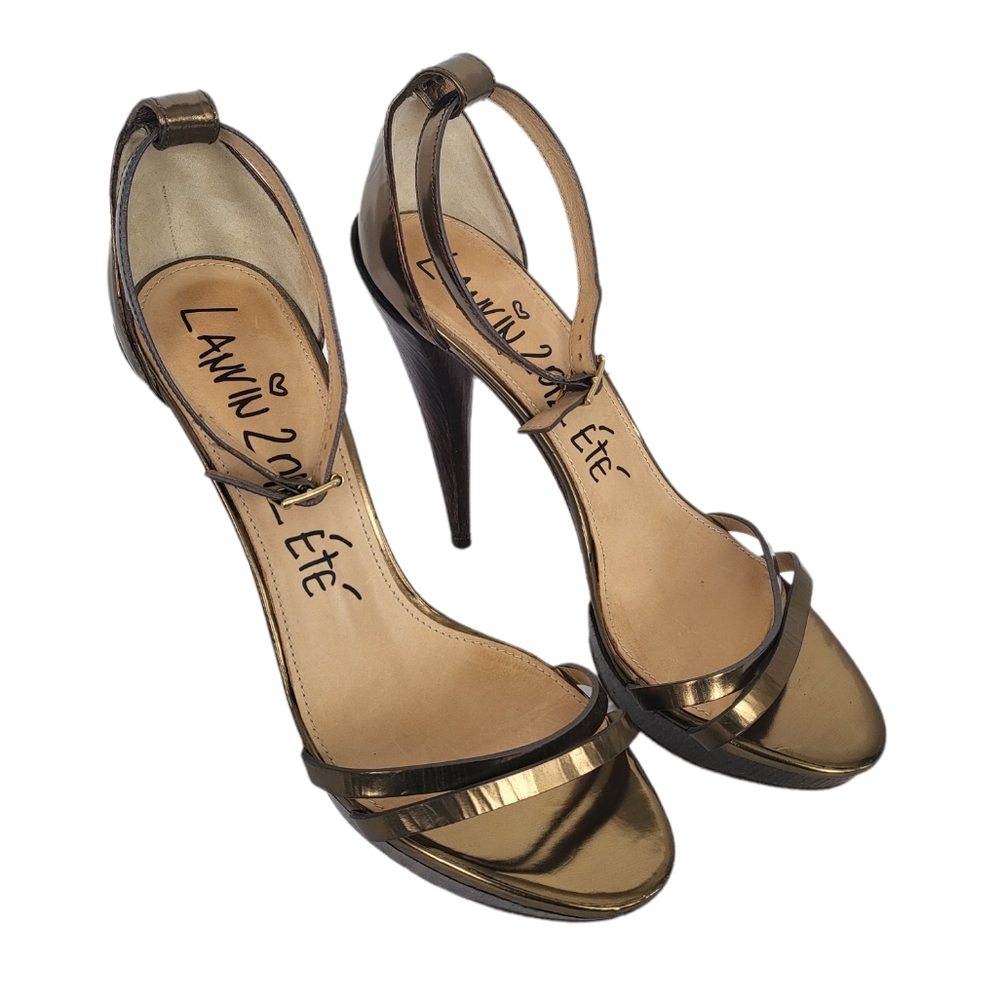 LANVIN Strappy Metallic Leather Ankle Strap Platform Wooden Heel Pumps Size 9.5